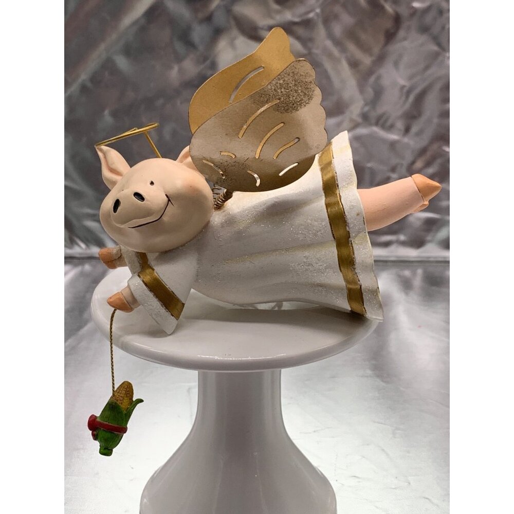 Flying Pig Angel Christmas Ornament With Gold Wings And Halo White Glittered Rob